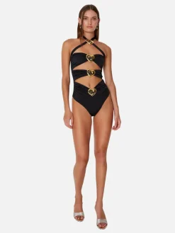 Diamond Heart Cut Out Swimsuit - Black
