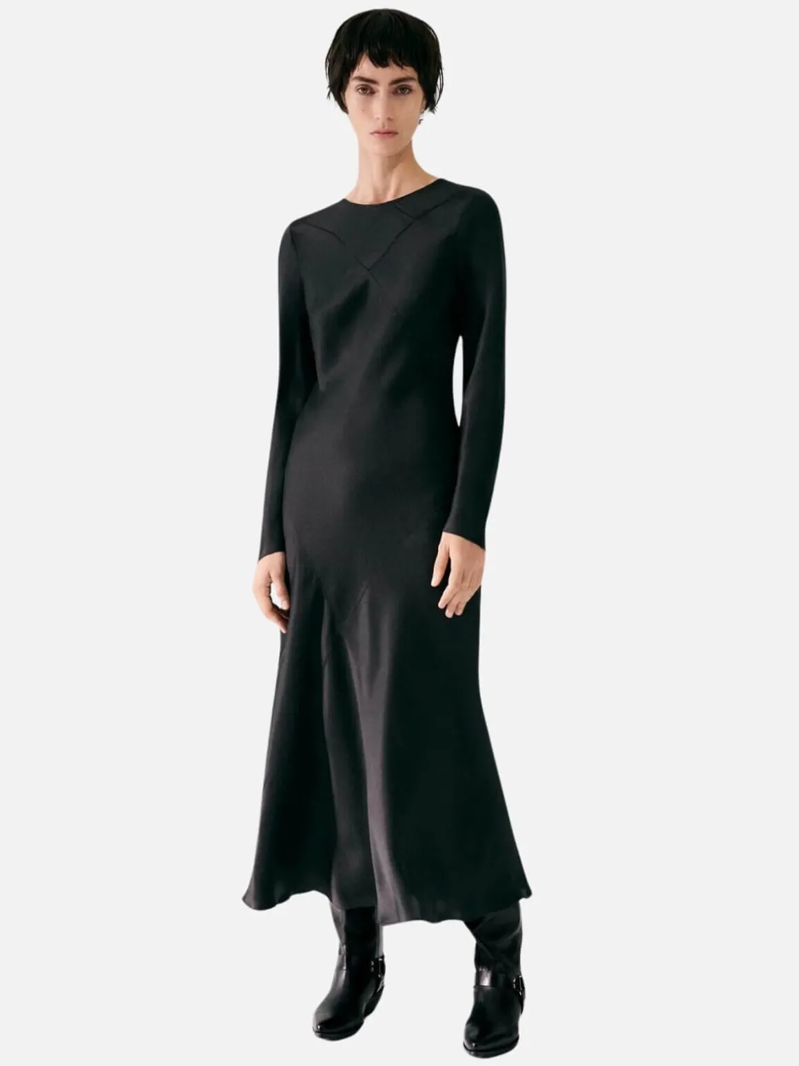 Splice Full Sleeve Bias Dress - Black