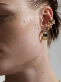 Spliced Malachite Hoop Earrings: Brass + 18K Gold Plating + Malachite + Topaz