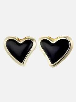 Whitney Statement Heart Earrings: 18K Gold Plating + Onyx